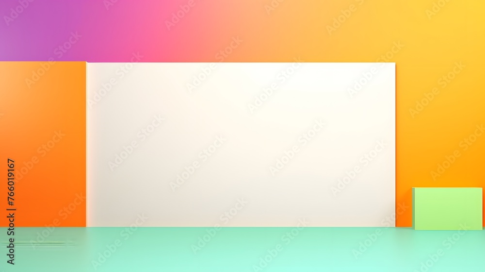 Fototapeta premium A minimalist graphic with a large white central panel flanked by vibrant orange and purple, resting on a soft teal surface for a modern display.