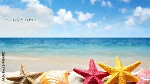 An assortment of colorful starfish resting on a sandy beach with a clear message area and a backdrop of a serene blue sea and sky.
