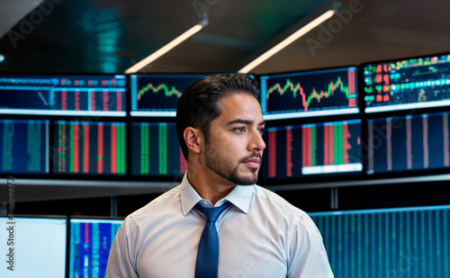 A man in a dress shirt and tie stands in front of a wall of computer monitors displaying financial information. photo