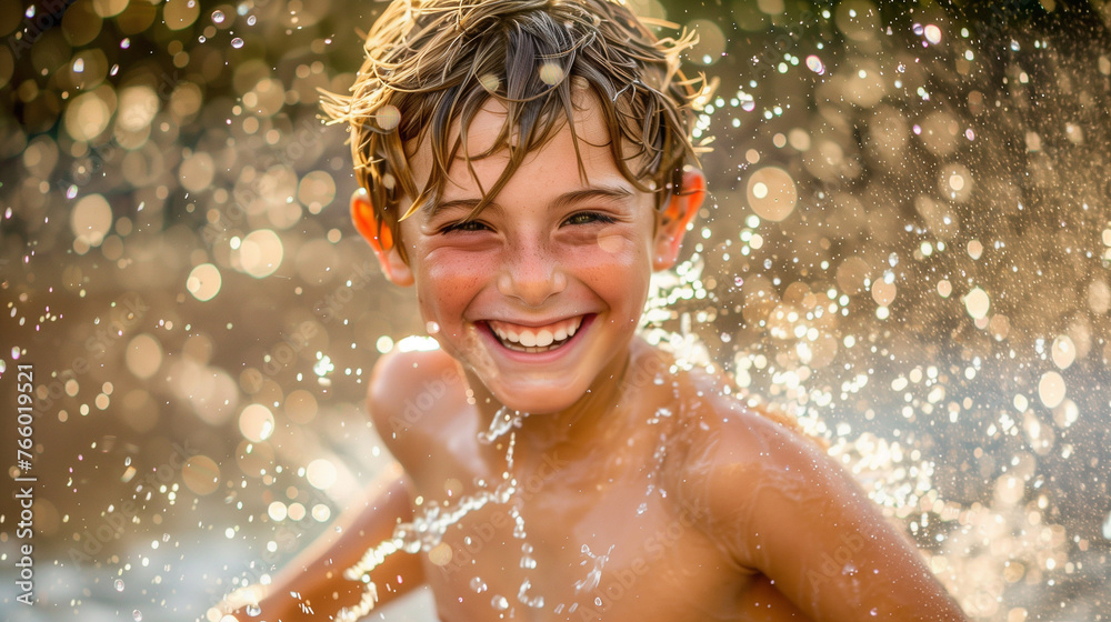 Smiling Boy Splashing in Water Sprinklers, Garden Playtime, Bright Summer Fun