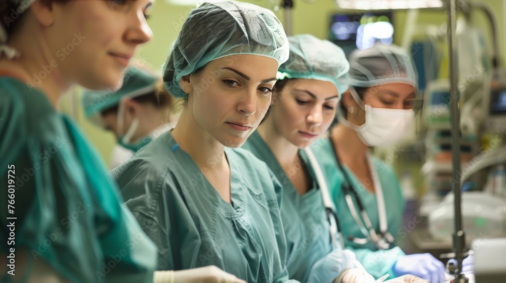 a healthcare setting, highlighting women professionals in various roles, from surgeons to nurses, working together. The emphasis is on teamwork, compassion, and dedication a healthcare setting, highlighting women professionals in various roles, from surgeons to nurses, working together. The emphasis is on teamwork, compassion, and dedication