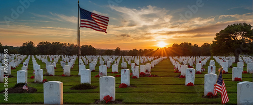 Rows of U.S. service members graves with American flags at sunset in the National Cemetery Memorial or Veterans Day, 4 July, independence day, labor day