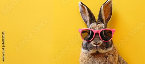 easter bunny wearing sunglasses on a yellow background with extra copy space