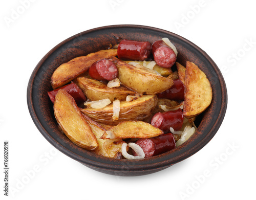 Delicious baked potato with thin dry smoked sausages and onion in bowl isolated on white