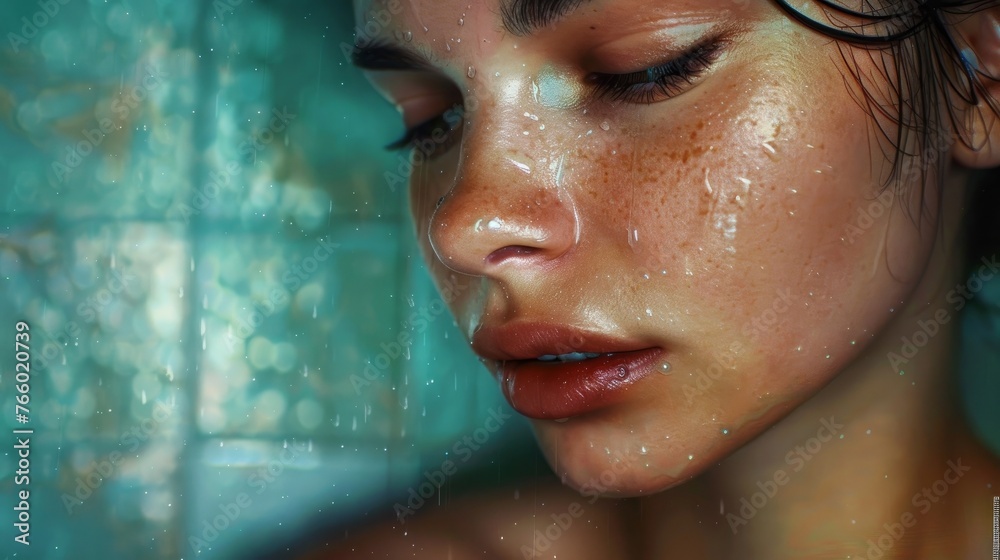 The image shows a young and attractive woman taking care of her skin in the bathroom.