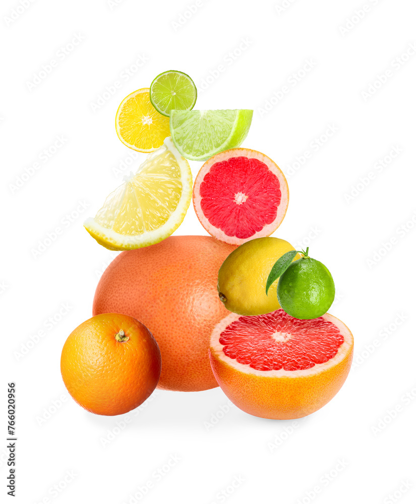 Stack of different citrus fruits isolated on white Stack of different citrus fruits isolated on white