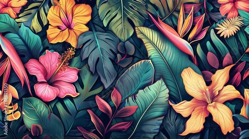 Tropical background. Exotic Landscape  Hand Drawn Design. Luxury Wall Mural. Leaf and Flowers Wallpaper. 