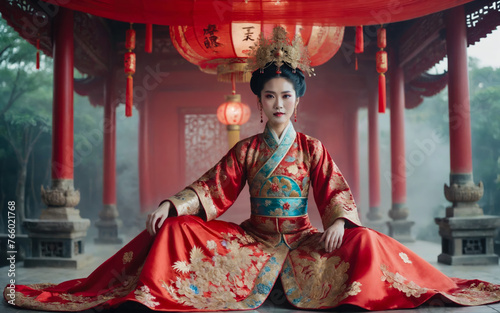 Ai generated fictional portrait of a beautiful fantasy Asian empress in red clothes 