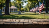 Wooden table top with copy space, blur background for Memorial or Veterans Day, 4 July, independence day, labor day