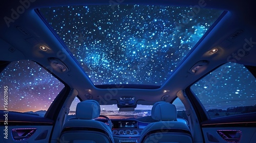 Close-up of a luxury sedan's panoramic sunroof, offering passengers an unobstructed view of the starry night sky above. photo