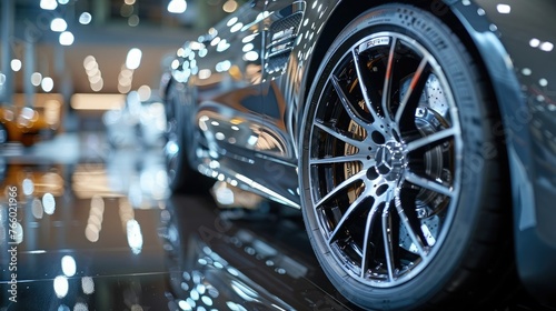 Close-up of a luxury sedan's polished alloy wheels, capturing the intricate spokes and reflective surfaces in stunning detail. © Ishtiaaq