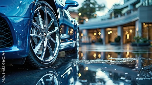 Close-up of a luxury sedan's polished alloy wheels, capturing the intricate spokes and reflective surfaces in stunning detail. © Ishtiaaq