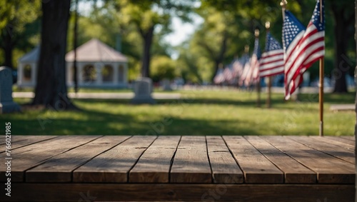 Wooden table top with copy space, blur background for Memorial or Veterans Day, 4 July, independence day, labor day photo