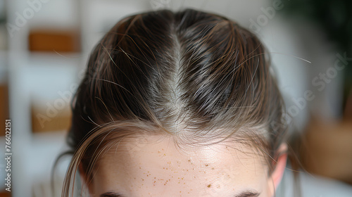 High-resolution image showcasing a close-up view stages of alopecia areata, detailed patches of hair loss, comfortable home environment.