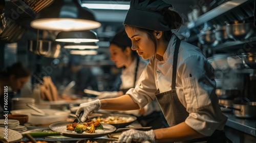 women chefs or bakers in a professional kitchen, creatively preparing dishes. The setting should be lively and inviting, highlighting skill, creativity, and the love of culinary arts.