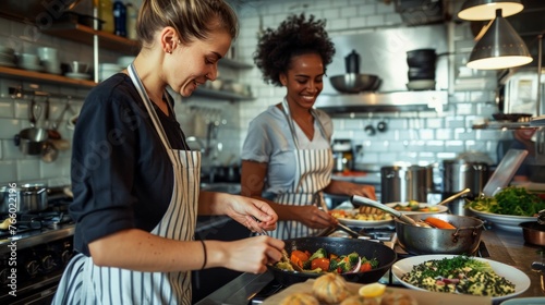 women chefs or bakers in a professional kitchen, creatively preparing dishes. The setting should be lively and inviting, highlighting skill, creativity, and the love of culinary arts.