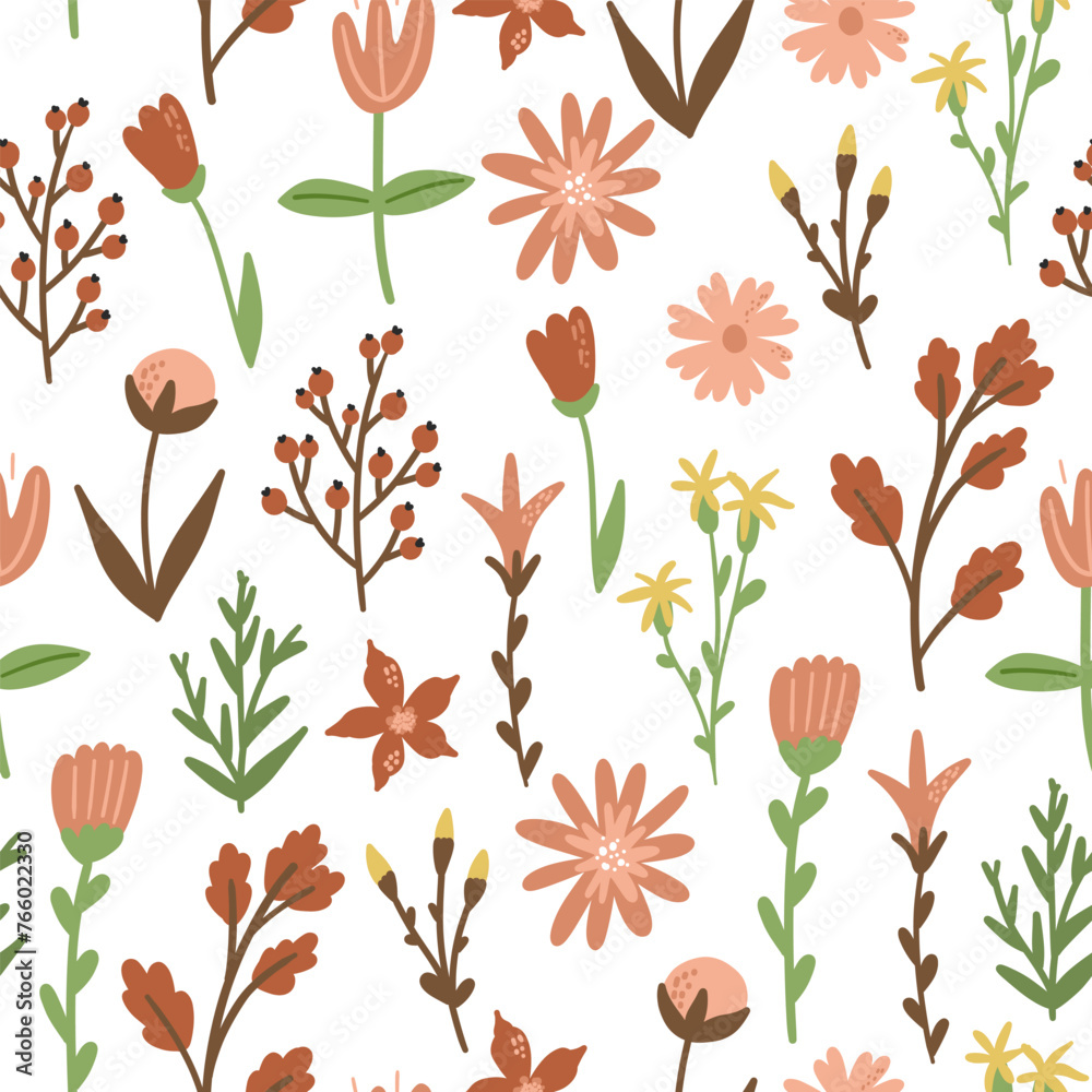 Blossom spring floral seamless pattern. Blooming botanical motifs scattered random. Colorful vector illustration. Fashion, fabric, wallpaper, print. Hand drawn flower, berry, leaf on white background