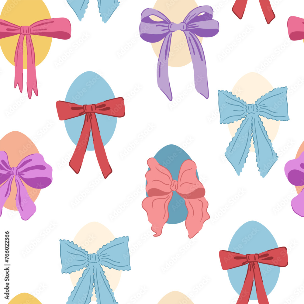 Easter Eggs with Coquette Bow Ribbon Seamless Pattern. Elegant Easter Egg Wallpaper. Colorful Holiday Print, Fabric, Textile, Fashion Vector Illustration on White Background. - obrazy, fototapety, plakaty 