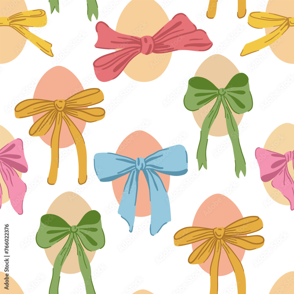 Easter Eggs with Coquette Bow Ribbon Seamless Pattern. Elegant Easter Egg Wallpaper. Colorful Holiday Print, Fabric, Textile, Fashion Vector Illustration on White Background. - obrazy, fototapety, plakaty 