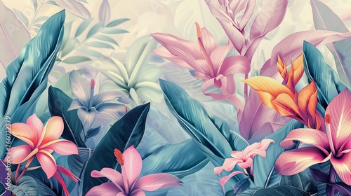 Tropical background. Exotic Landscape  Hand Drawn Design. Luxury Wall Mural. Leaf and Flowers Wallpaper. 