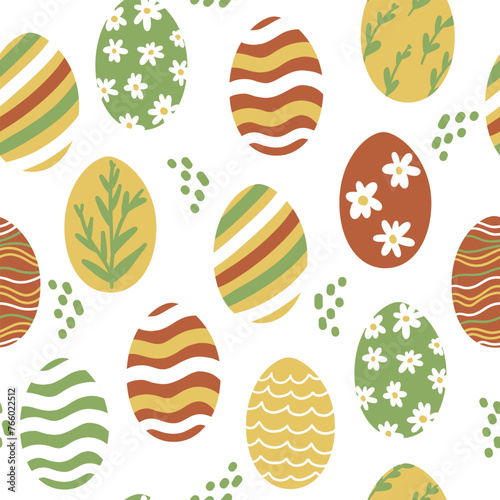 Easter Eggs Seamless Pattern. Painted Easter Egg Wallpaper with Daisy Flowers, Leaves. Colorful Holiday Print, Fabric, Textile, Fashion Vector Illustration on White Background.