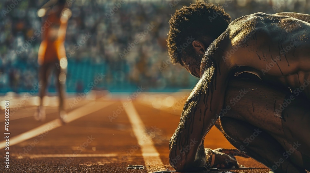 A photojournalist captures the tears of a defeated athlete, their body slumped in disappointment, while the jubilant victor celebrates in the background. Convey the contrasting emotions of sports. - obrazy, fototapety, plakaty 