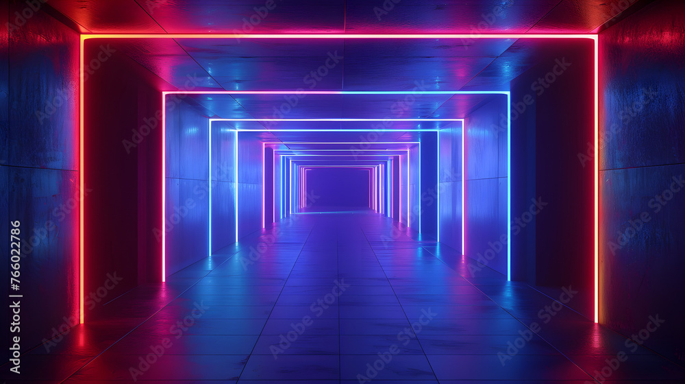 Dark corridor illuminated by neon lights on both sides, light indigo and black, cubic futuristic, linear minimalism,  conceptual digitalism. For posters, covers, Product Showcase