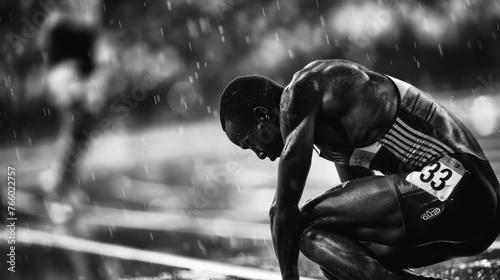 A photojournalist captures the tears of a defeated athlete, their body slumped in disappointment, while the jubilant victor celebrates in the background. Convey the contrasting emotions of sports. photo