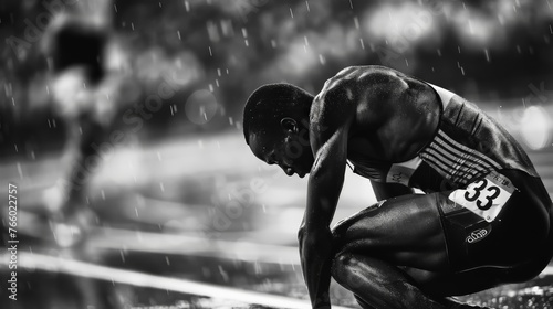 A photojournalist captures the tears of a defeated athlete, their body slumped in disappointment, while the jubilant victor celebrates in the background. Convey the contrasting emotions of sports.