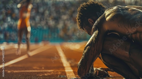 A photojournalist captures the tears of a defeated athlete, their body slumped in disappointment, while the jubilant victor celebrates in the background. Convey the contrasting emotions of sports. photo