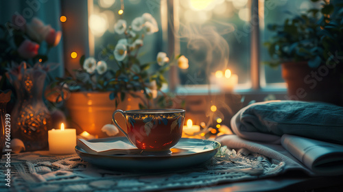 Calm Coziness: Tea by Candle Glow
