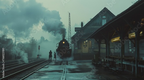 A poignant scene of a farewell at an old train station, with steam from the locomotive blurring the figures, evoking a sense of nostalgia, departure, and the bittersweet nature of goodbyes. photo