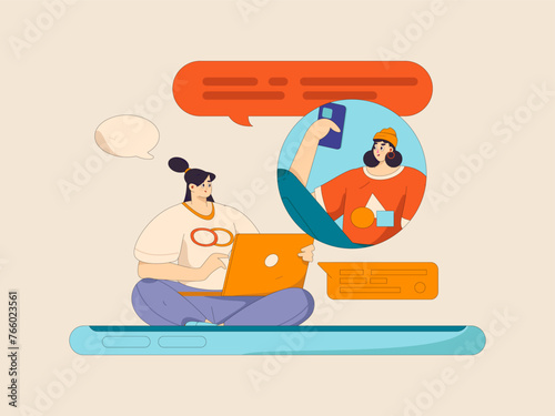 Virtual characters social communication concept business flat vector hand drawn illustration
