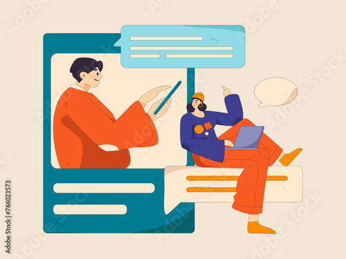 Virtual characters social communication concept business flat vector hand drawn illustration
