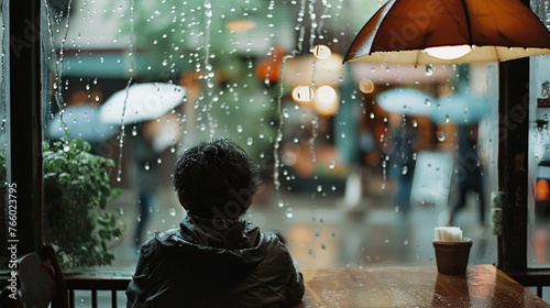 カフェの中から雨の降る通りを見る人3