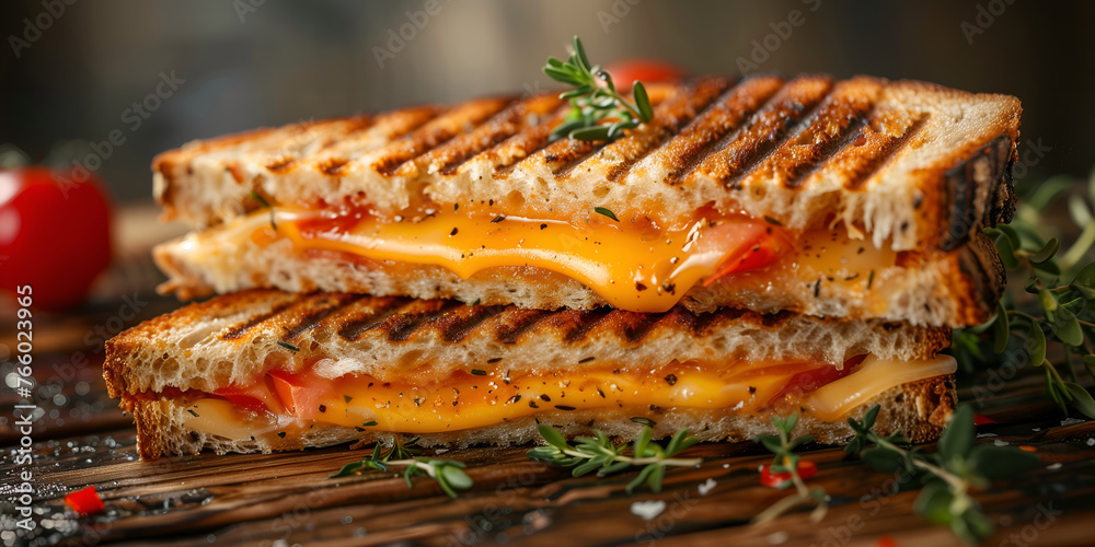Sandwich with cheese and honey on a plate, selective focus.