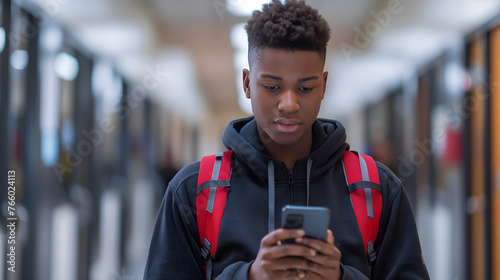 young african american college student using mobile phone in corridor at school