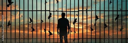 Man silhouetted against a backdrop of prison bars, with the sky and departing birds serving as a metaphor for freedom. Idea regarding psychology, psychiatry, faith, liberty, and incarceration photo