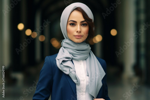 A portrait of a confident modern and beautiful muslim woman with her arms are crossed © alisaaa