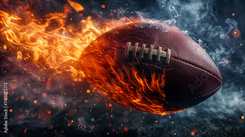 American football ball on fire with smoke and flames. 3d illustration