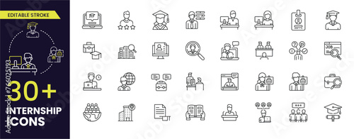 Internship Editable Stroke icon concept with icon of goal, skills, knowledge, mentoring, job, profile, people, practice, opportunity, and training. Editable Outline