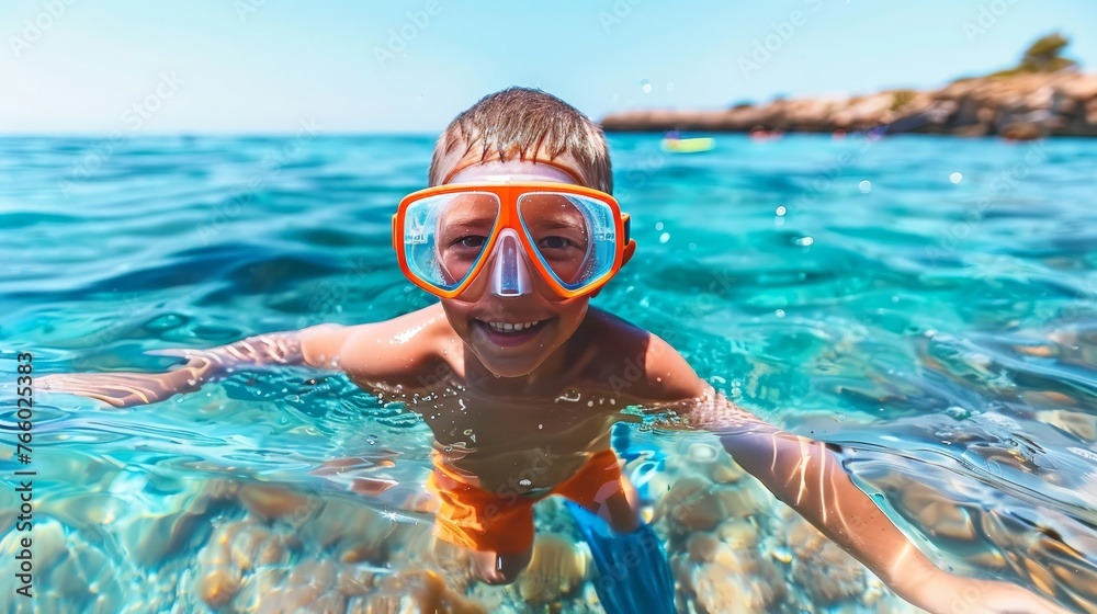 Naklejka premium Solo snorkeling adventure young boy explores underwater world at secluded island