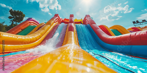 Colorful inflatable water slides in a childrens aquapark