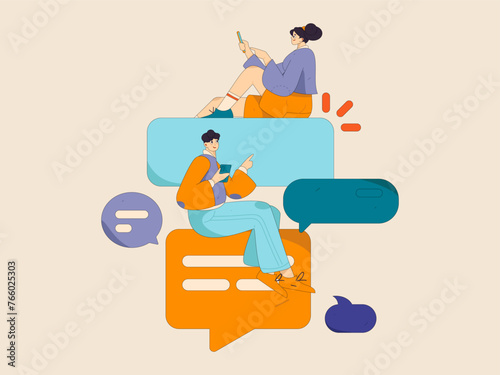 Virtual characters social communication concept business flat vector hand drawn illustration

