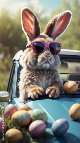 Cute Easter Bunny with sunglasses looking out of a car