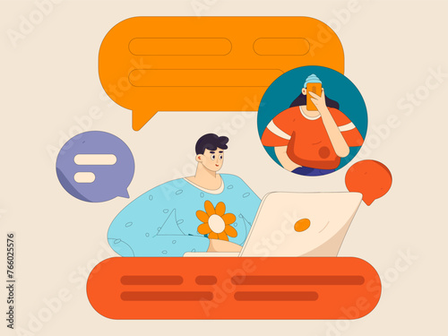 Virtual characters social communication concept business flat vector hand drawn illustration

