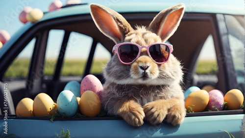Cute Easter Bunny with sunglasses looking out of a car © Borneo