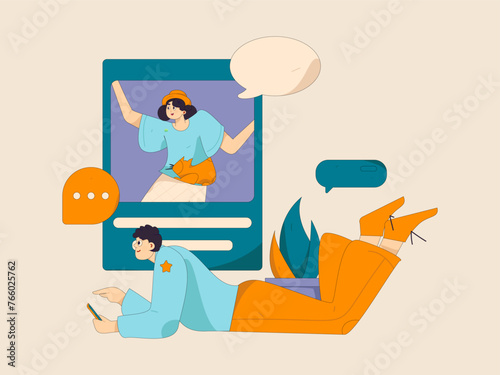 Virtual characters social communication concept business flat vector hand drawn illustration
