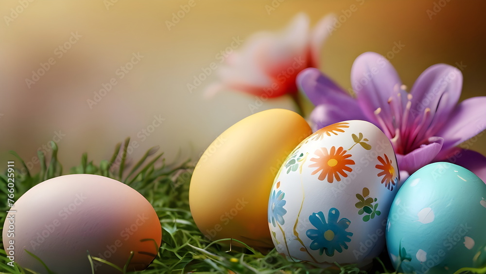 easter eggs and flowers colorful background