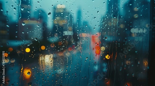 A slow-motion shot of rain cascading down a windowpane, blurring the image of a city skyline outside. (melancholic, dreamlike)